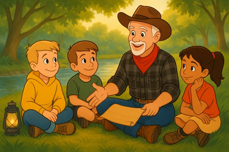 Papa and children sitting on the bank